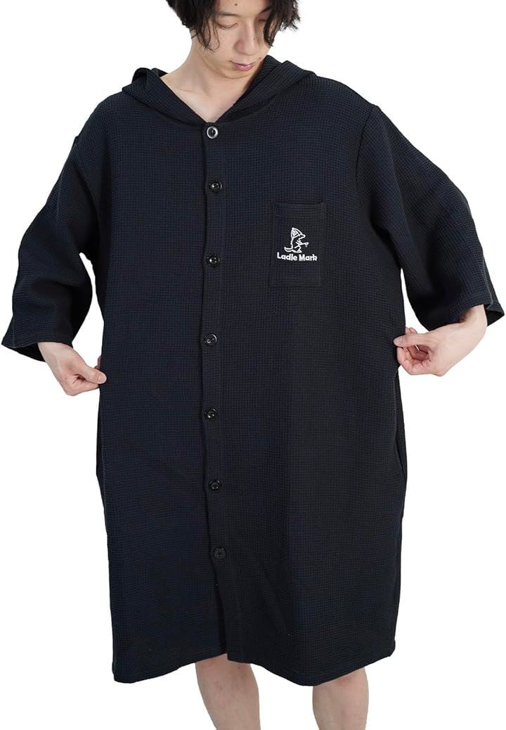 サウナポンチョ サーフポンチョ 前開き ボタン メンズ レディース 着替え 部屋着 洗える ポケット付き かさばらない ワッフルコットン タオル(ブラック, Free Size)