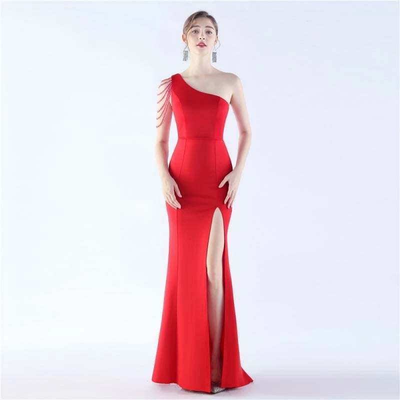 イブニングドレス ワンピース レディース ワンショルダー ノースリーブ 背中ファスナー マキシ スリット ビーズ パーティー 発表会 きいサイズ 黒 赤 紺