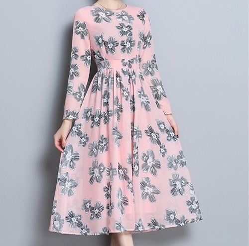 1558.花柄シフォンロングワンピース（ピンク）2019 春夏 sale フォーマル 食事会 レストラン 記念日 デート 結婚式 パーティー お呼ばれ