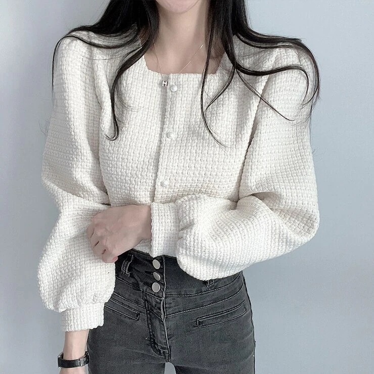 トップス レディース カーディガン ミニ ミニ丈 ショート ショート丈 袖あり 長袖 ボリューム袖 パフスリーブ 襟なし ニット かわいい 大人 大人可愛い 大人女子 きれいめ 上品 おしゃれ お洒落