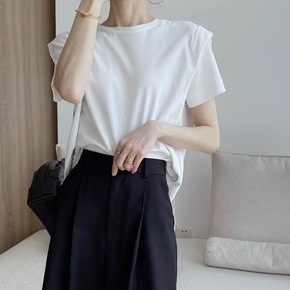 トップス Tシャツ シャツ 白シャツ 白トップス 袖あり 半袖 ラウンドネック 襟なし 切り替えデザイン 綿 かわいい 大人可愛い きれいめ シンプル カジュアル 大人 上品 おしゃれ レトロ