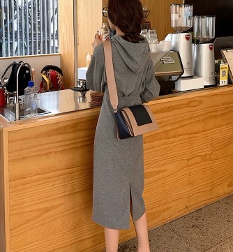 フード付き バックスリット パーカー ワンピース 膝下 長袖 Vネック ストレート スマート ウエストマーク スリット フード付き 伸縮性 プルオーバー 厚手 大人可愛い きれいめ シンプル