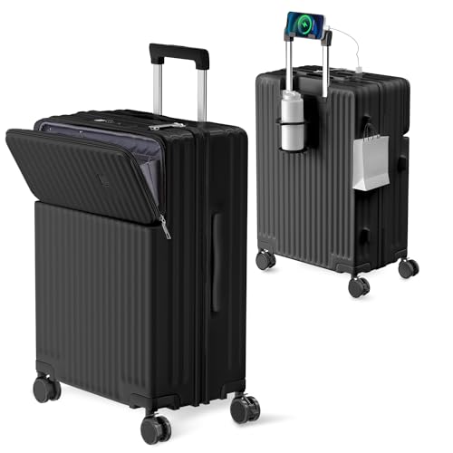 [Ashard] キャリーケース 多機能 スーツケース ストッパー付き Type C と USBポート付き フロントオープン ジッパー キャリーバッグ 電話ホルダー カップホルダー付き 隠しフック機能