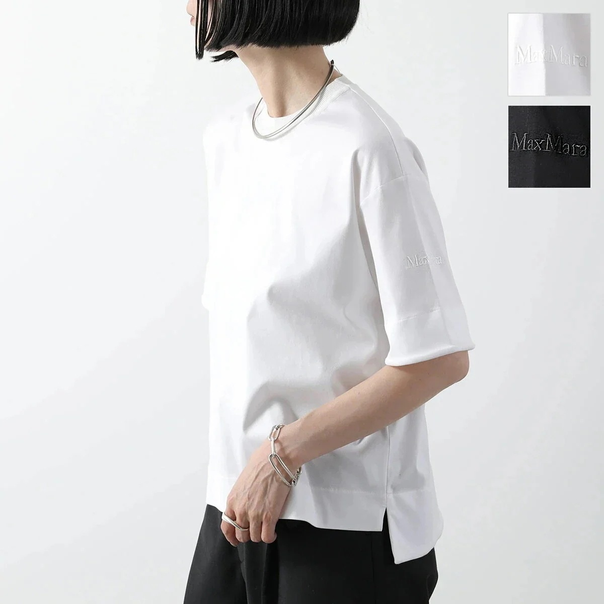 MAX MARA マックスマーラ Tシャツ MASER メーザー レディース 半袖 ブラウスカットソー クルーネック コットン ロゴ 刺繍 カラー2色