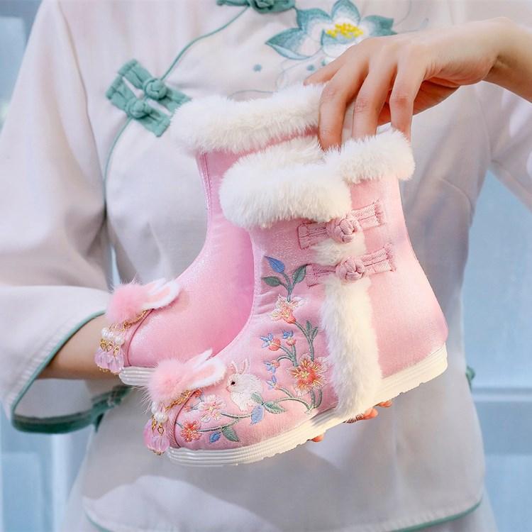 靴 女の子 子供 冬 中国風 漢服 刺繍 綿布 赤 ピンク 長毛フリース 内里 人造毛 インソール 面ファスナー ダンス 民族風 かわいい