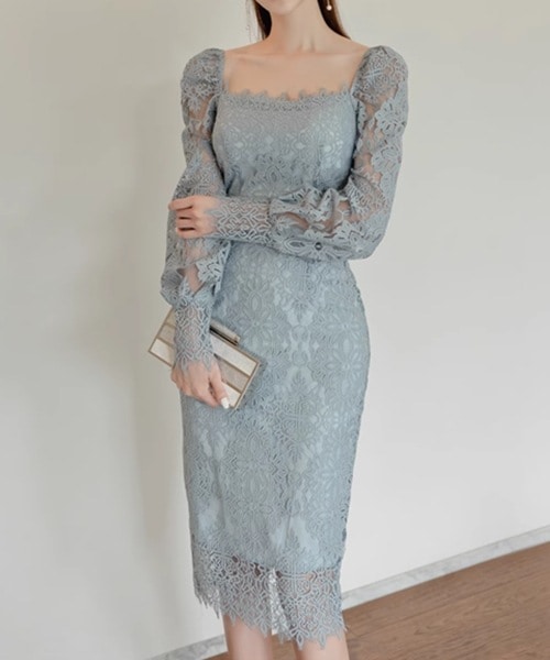 レディース ワンピース ドレス ノーカラー ペンシルスカート レーススカート ミモレ 長袖 スクエアネック ノーカラー タイト 細身 フォーマル 背中開き フェミニン レース バックスリット