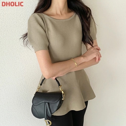 [メガ割りSALE]スリム半袖ペプラムパフスリーブニット