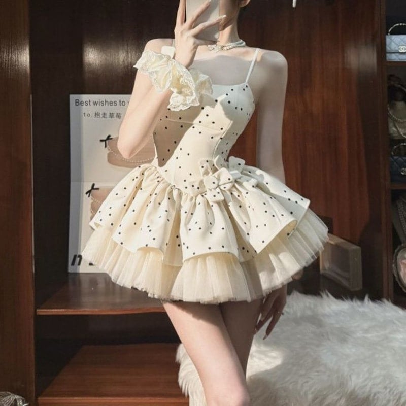 3日出荷 ワンピース夏 御姉 ドット パネル キャミソール ウエストマーク ドレス フレア ショート丈 春服 レディース