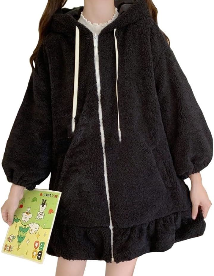 ぴゅありぼん 大きいサイズ うさ耳付き ふわふわ もこもこ パーカー( ブラック, 2XL)