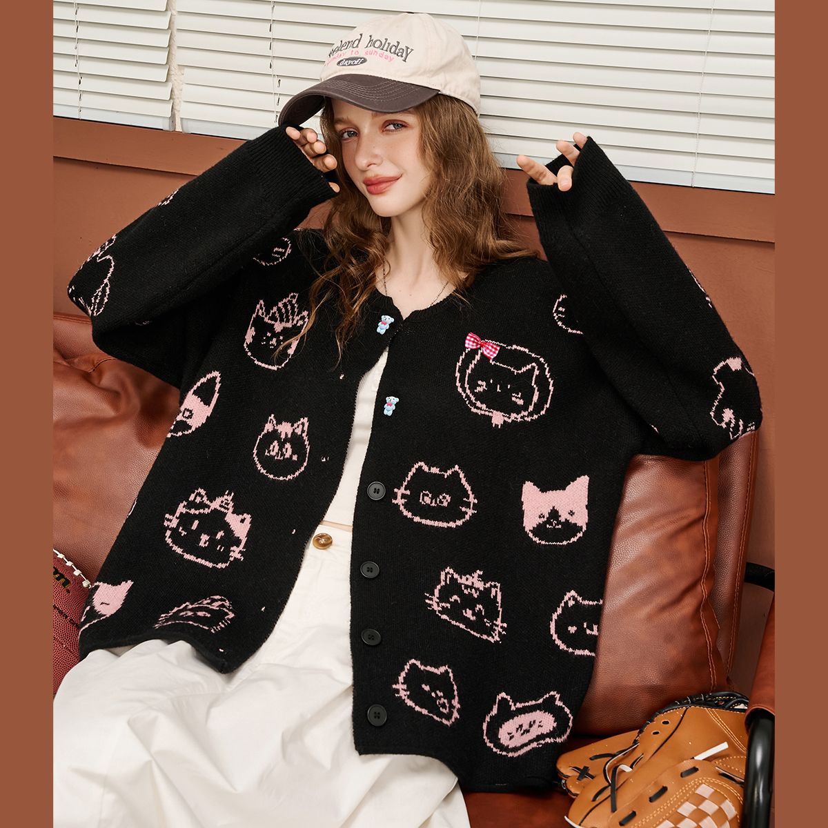 かわいい黒猫ニットカーディガンジャケット2025新作ジャガードジャケットニットカーディガントップス
