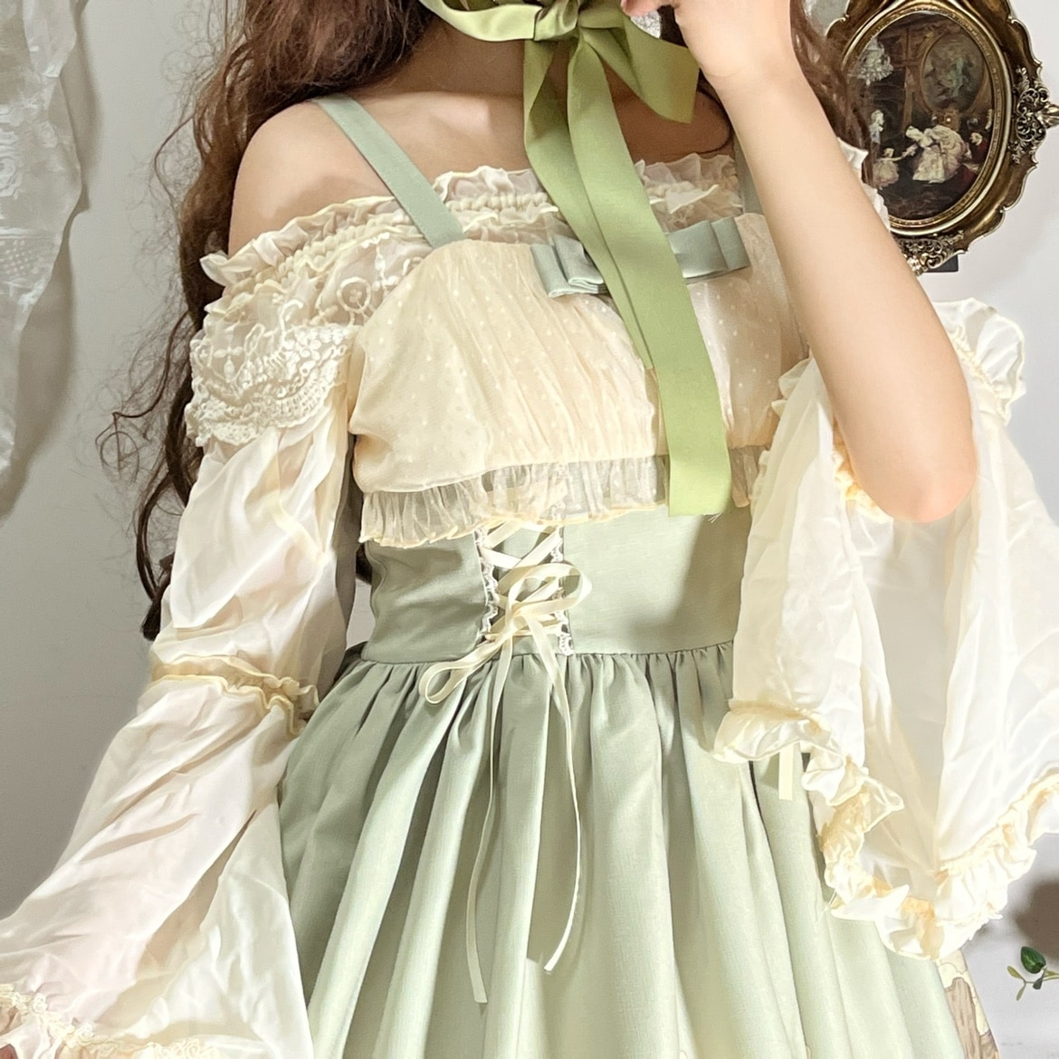 【フルセット】lolitaシフォンシャツロリータインナーシャツ一字襟姫袖ボトムシャツブラジャー