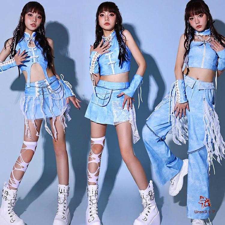 [新品入荷]青 レディース ダンス衣装 セットアップ 韓国 アイドル衣装 ヘソ出し スカート パンツ ブルー ジャズダンス演出服 ヒップホップ チアガール kpop ダンス衣装 セ