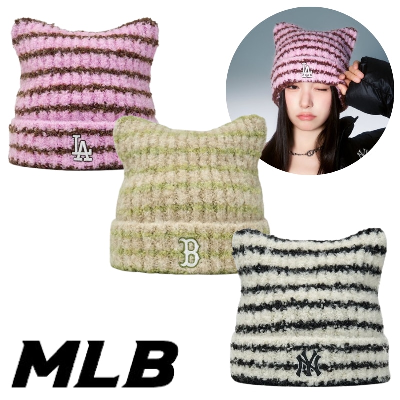 【aespa カリナ・TWS着用】 ストライプ ミヤオン ビーニー 猫耳 ニット帽 LA ドジャース ／ ボストン レッドソックス ／ NY ヤンキース