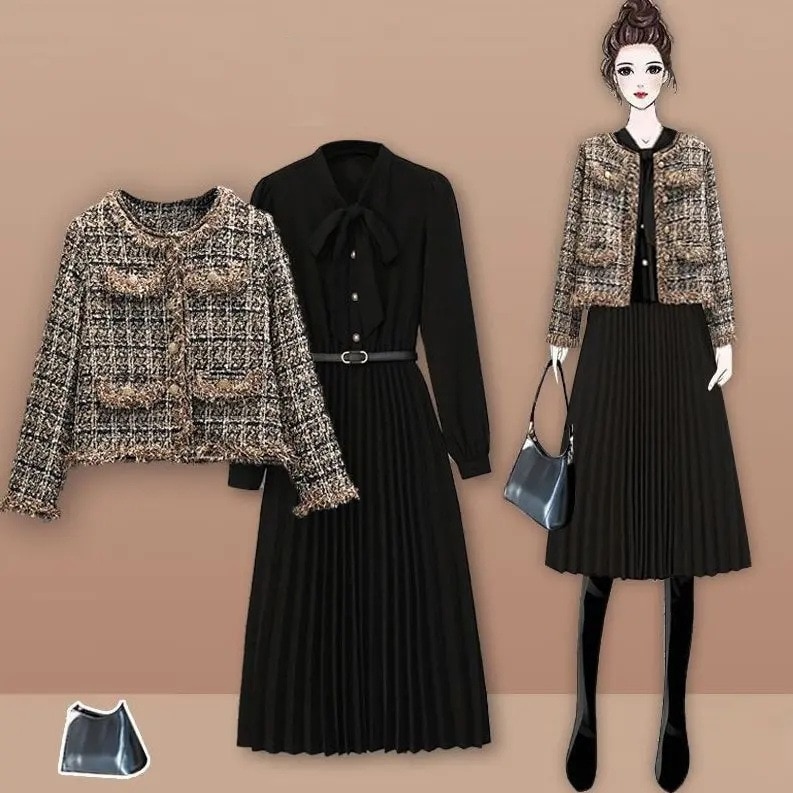 【輝いて超人気】 女性大人気 配色 シングルブレスト アウター+リボンカラー 長袖 Aライン ワンピースセット