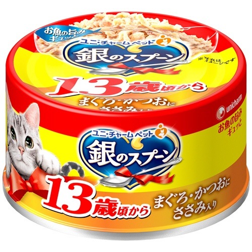 （まとめ買い）銀のスプーン缶 13歳が近づく頃から まぐろ/かつおにささみ入り 70g 猫用フード [x24]
