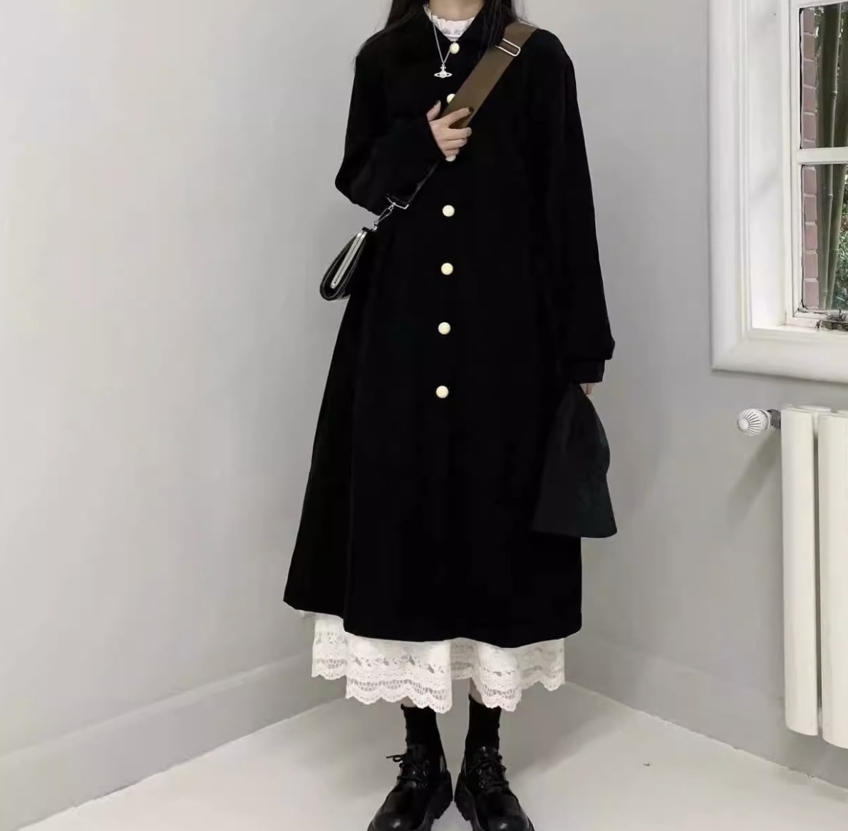 トップス スカート ワンピース ロングスカート ロング ロング丈 袖あり 長袖 フレア Aライン レース フリル 前開き ウエストゴム 伸縮性 2点セット ツーピース かわいい きれいめ シンプル