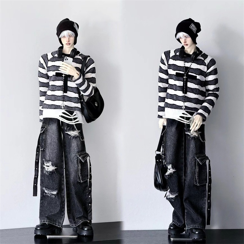 ドール服 75cm BJD ボトムス ジーンズ ダメージワイドパンツ 黒色 ID75サイズ球体関節人形用衣装