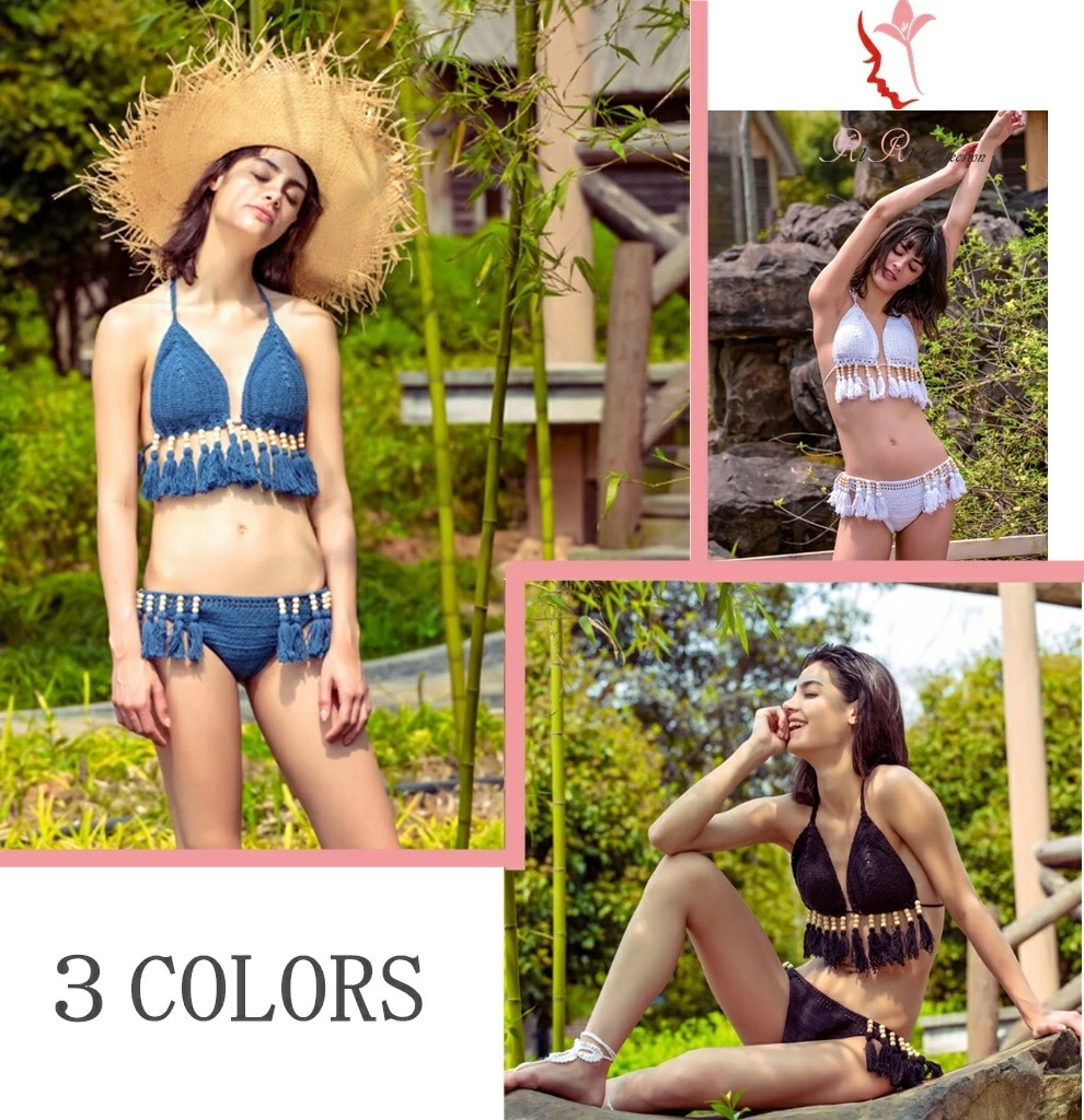 039017 上下２点セット タッセル セクシービキニ かき編み ハンドメイド 素材にこだわった一着オシャレ ニット 水着 ブラジリアン レディース水着 ビキニ 欧米人気 セレブ愛用 海 旅行 新