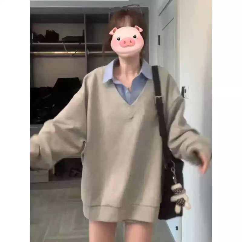 レディース グレー ポロカラー レイヤード スウェットシャツ春と秋に適しており韓国風プレッピー風リラックスしたゆったりとしたフィット感