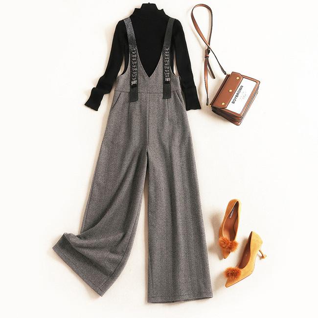 2点セットサロペットパンツVネックニットトップスボトムスロング丈ワイドパンツハイネック