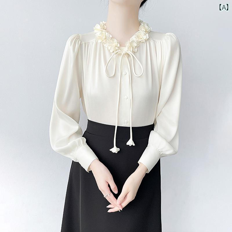 レディース シャツ ブラウス 長袖 春秋 トップス アイボリー レースアップ たっぷりフリル襟 ループリボン 韓国風 前あき 装飾ボタン ポケット エレガント 華やか 上品 フェミニン 8,120円