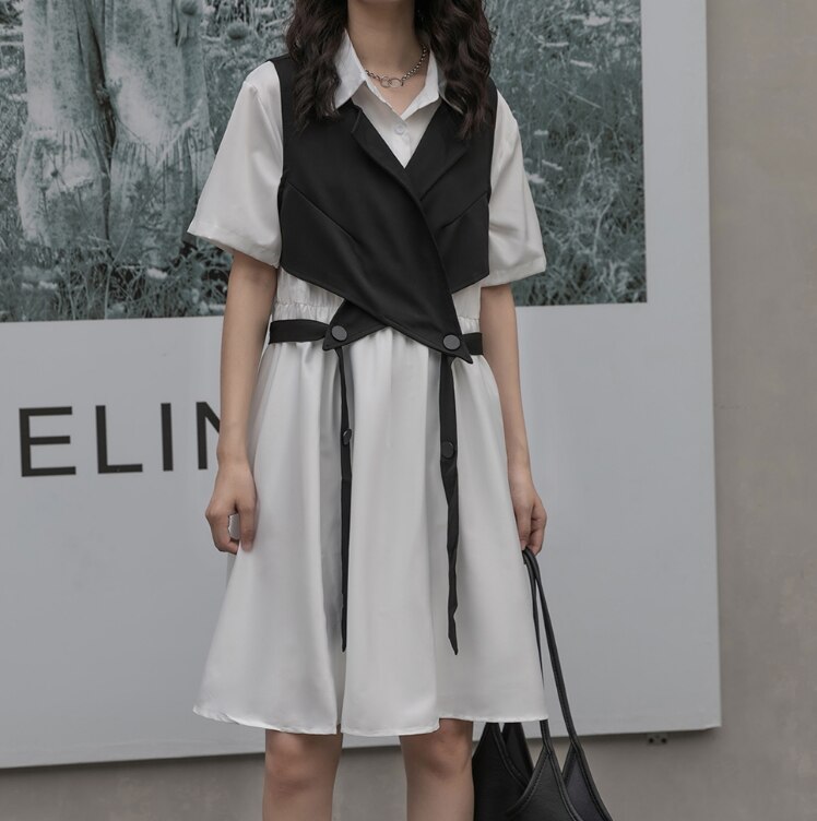 ワンピース デート かわいい 大人可愛い きれいめ シンプル カジュアル 大人 上品 おしゃれ 半袖 襟付き セット ベスト 個性的 エレガント フレア 無地 イベント 休日 旅行 韓国 Aライン