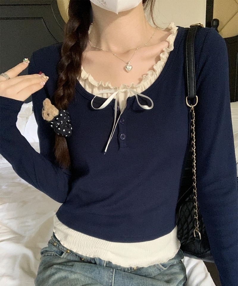 トップス Tシャツ シャツ カットソー 長袖 レイヤード風 プルオーバー ロンT リボン フリル フェミニン 大人可愛い おしゃれ 大人女子 エレガント 存在感 春 秋 デート お出かけ 女子会