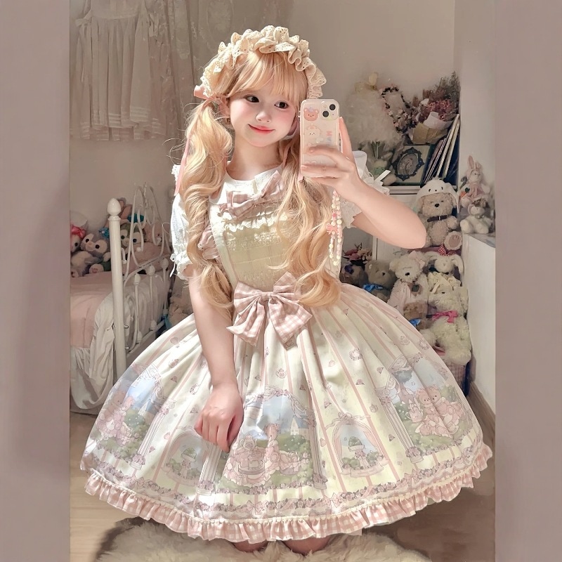 Lolitaかわいい新カスタムjskワンピースロリータ春夏サスペンダースカート表裏二着スカート