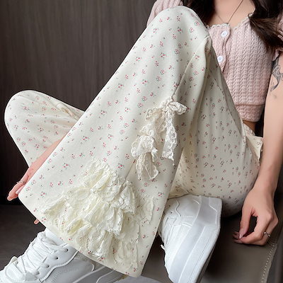 【1点ご購入 で10点プレゼントいたします】レースの花柄マイクロフレアパンツ女2025薄いハイウエストファッション着やせストレッチカジュアル馬蹄パンツ