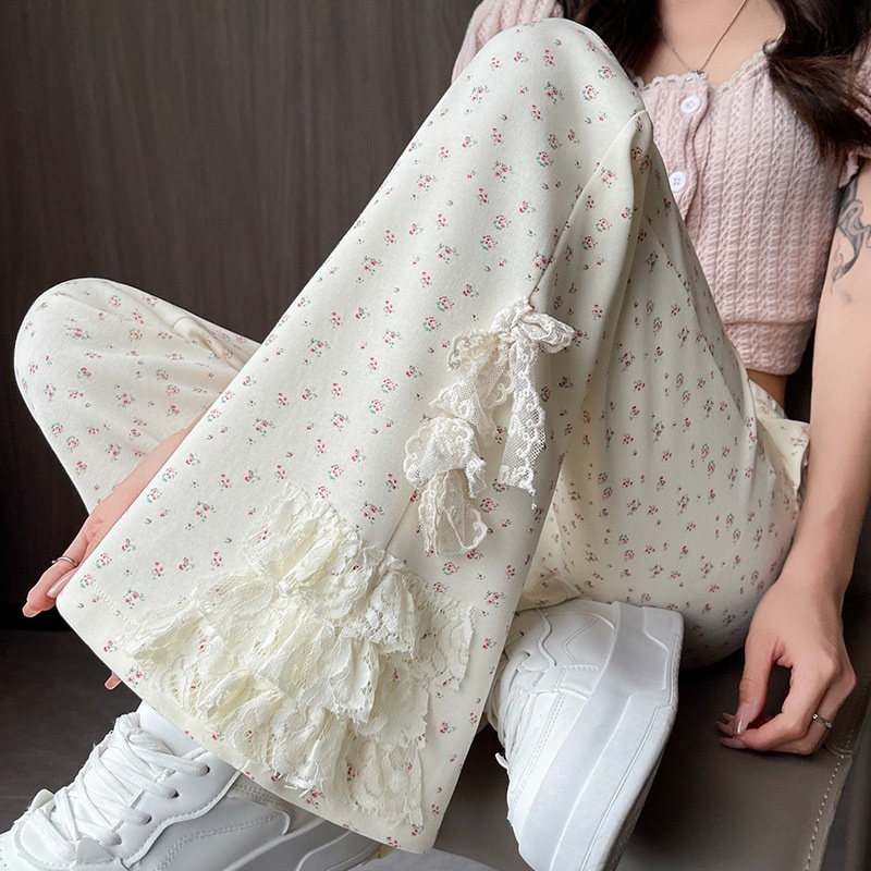【1点ご購入 で10点プレゼントいたします】レースの花柄マイクロフレアパンツ女2025薄いハイウエストファッション着やせストレッチカジュアル馬蹄パンツ