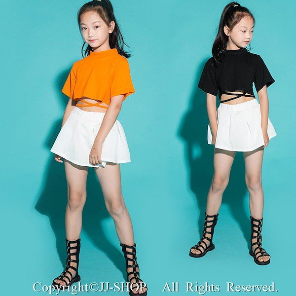 オレンジ Tシャツ フリーツスカート キッズダンス衣装 セットアップ チアダンス衣装 ヒップホップ