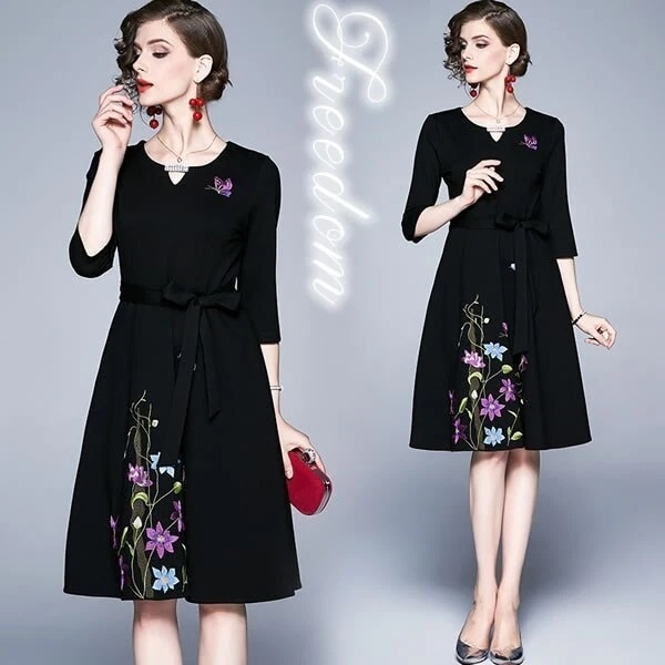 【期間限定特価】黒地に映える大人上品感花柄刺繍ドレスワンピース発表会演奏会パーティードレス同窓会ワンピド 母の日のプレゼント