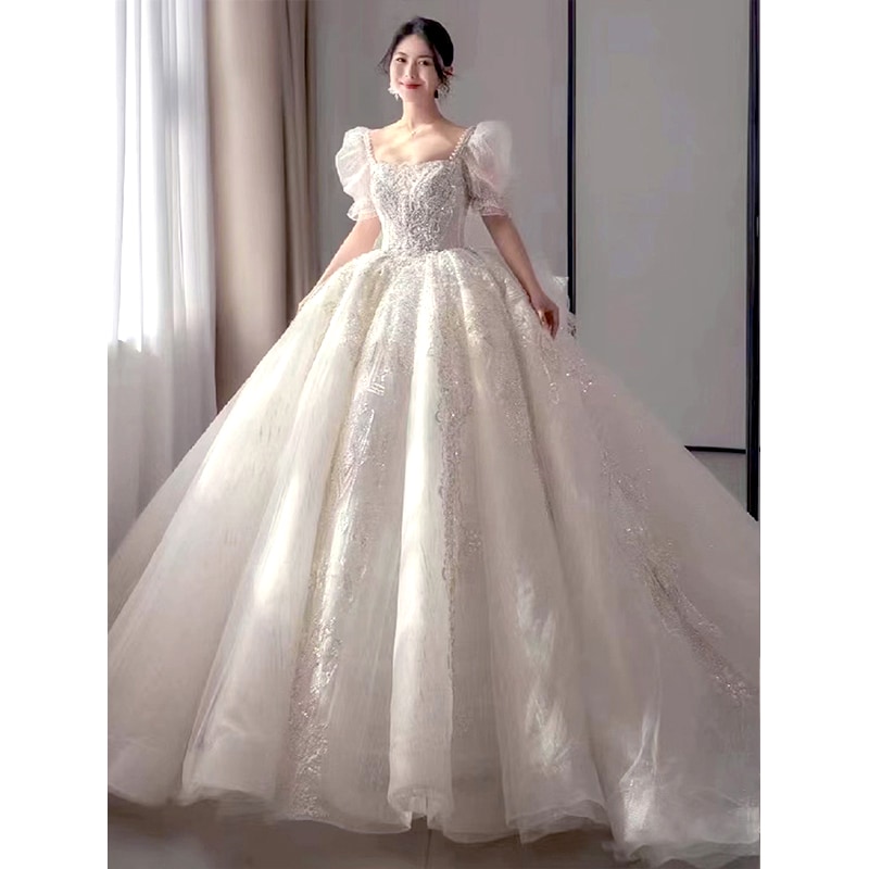 ライトウェディングドレス 2024 花嫁 お出かけ メインヤーン 妊婦 重工業 ワンショルダー ラージテール 秋冬