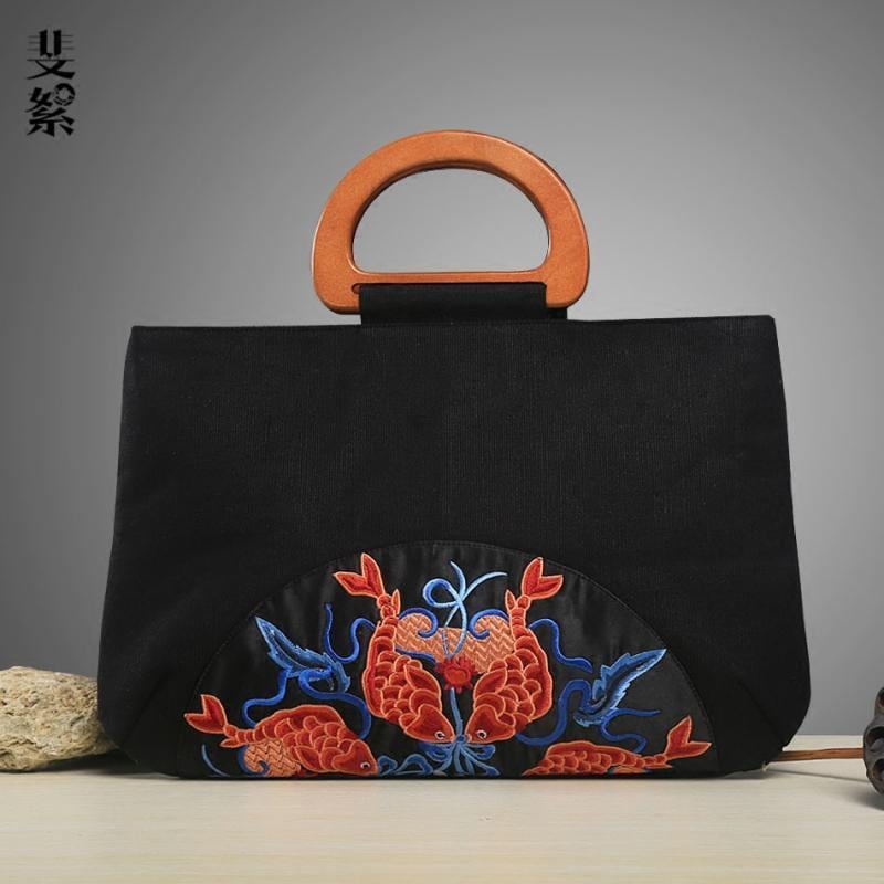ハンドバッグ レディース チャイナ風 トート おしゃれ 横長 ファスナー ポケット コットン キャンバス 布 鯉 魚 刺繍 木製 ハンドル 手提げ 鞄