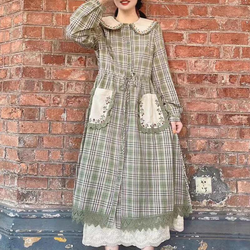 MMH 春季の新型 婦人服 チェック柄ワンピース 長袖 格子 プリント 綿麻 4,765円