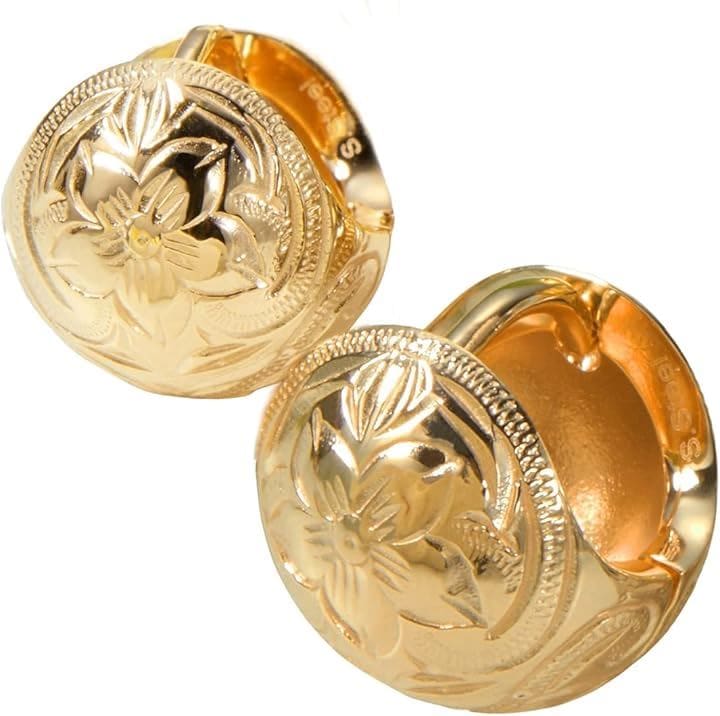 Piena ピエナサージカルステンレス316L 両耳用 1ペア売り ハワイアンジュエリー ボール ラウンド プルメリア スクロール フープピアス ゴールド(ゴールド(1個ペア))