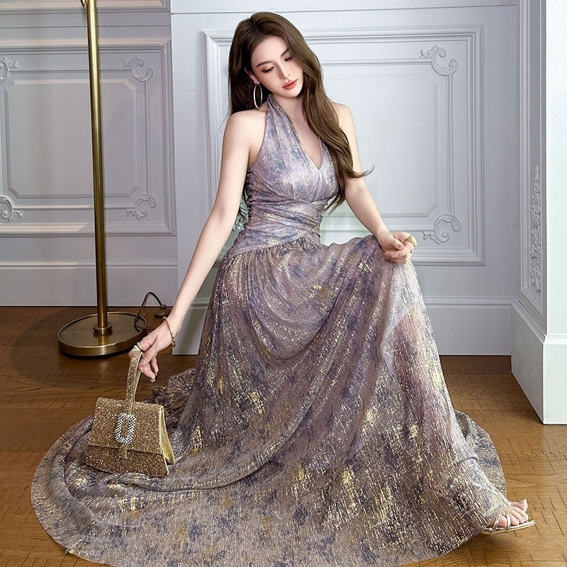 【JY.上品】 2025夏新品 ホルダーネック ロングワンピース バックレス 旅行風ドレス パーティー キャバ 着痩せ 大人 同窓会 披露宴 卒業式 結婚式 演奏会 ウェディング 二次会 メガ割