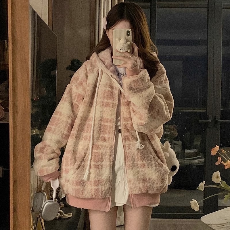 韓国ファッション 人気アウター のぶつかり色のフードがゆったりしていてお腹を隠すのがだるくてかわいいコートの大きいサイズの婦人服のラム毛の減齢上着