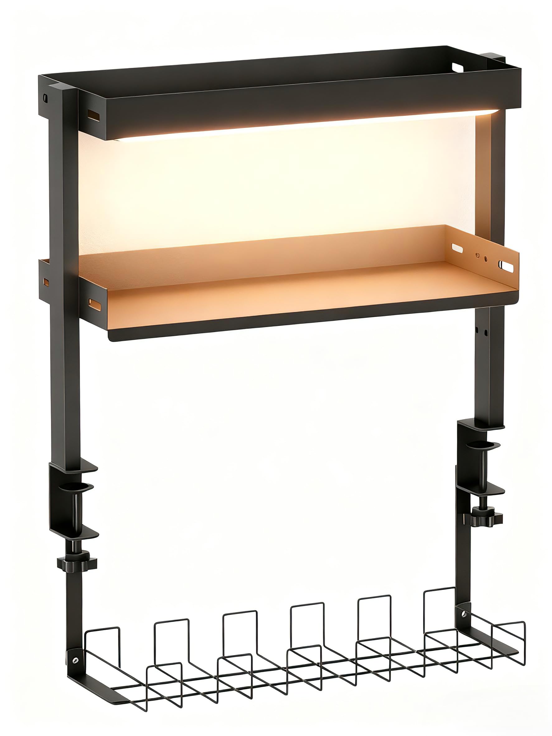 【LEDライト搭載/クランプ式】 デスク上収納ラック 机上ラック モニタースタンド ケーブルトレー付 配線整理 耐荷重10kg