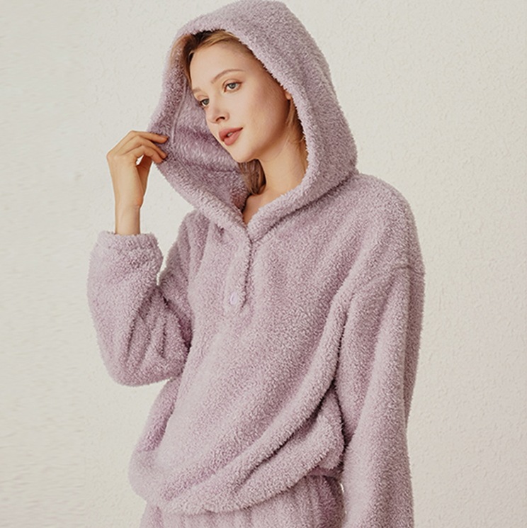 セットアップ ルームウェア パジャマ 部屋着 寝巻き ナイトウェア ロング ロング丈 袖あり 長袖 ラウンドネック もこもこ モコモコ ふわふわ フード付き ウエストゴム 上下セット 2点セット