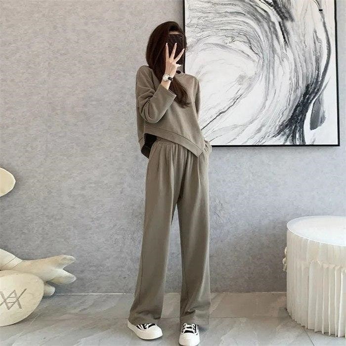 高級な質感ジャージレディース長袖上下セットスウェットクールネックトレーナーパンツ運動着部屋着おしゃれスポーツルームウェア36