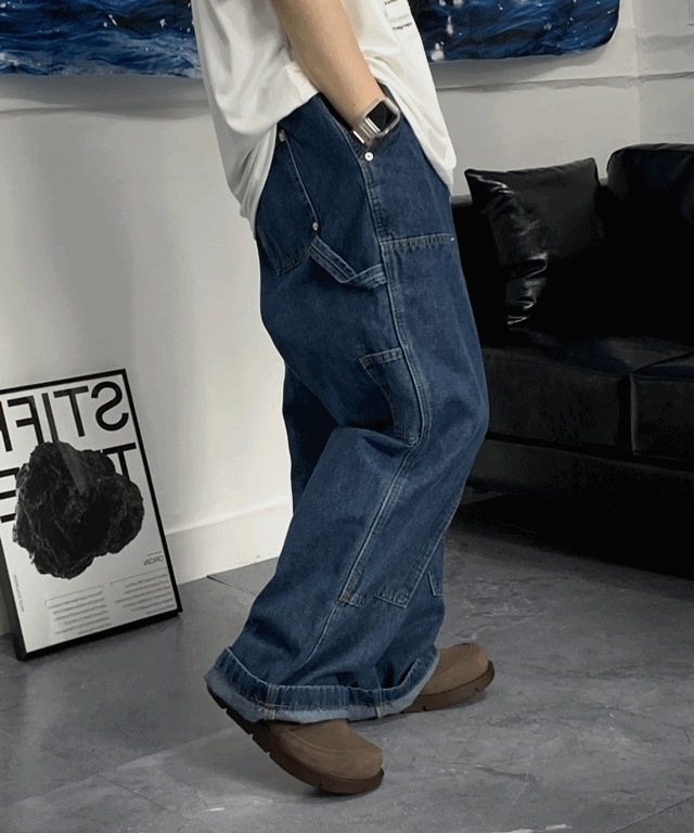 [UNISEX/SML] カジュアル アメカジカペンター ワイドデニムパンツ (2color)