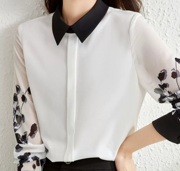 個性的 水墨画 植物 トップス シャツ ブラウス 袖あり 長袖 襟付き ストレート シンプル 大人 上品 おしゃれ お洒落 かっこいい こなれ感 クール モード系 エレガント モダン 柄 リーフ柄