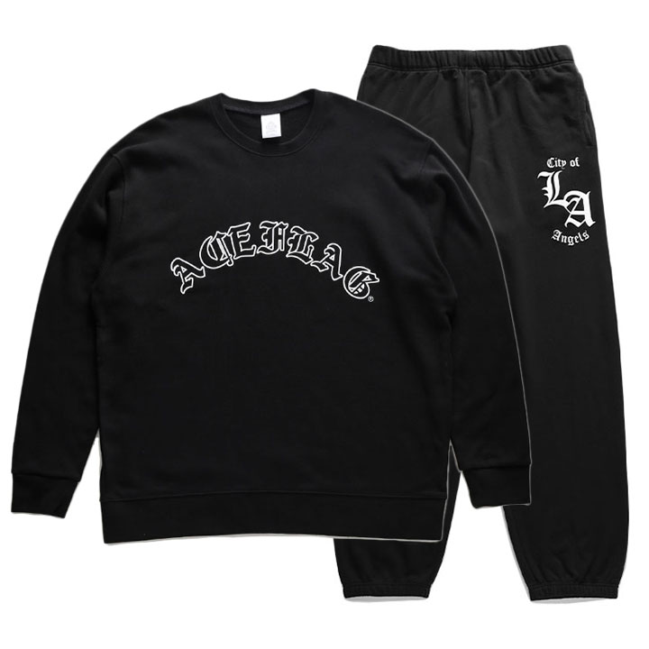 ACE FLAG 上下セット 長袖 ブランド メンズ 春秋冬用 黒 大きいサイズ エースフラッグ セットアップ トレーナー スウェット 裏パイル スウェットパンツ