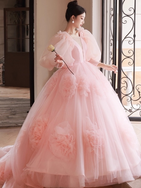 豪華！カラードレス ピンク プリンセスライン 花モチーフ ボリュームドレス 編み上げ 花嫁