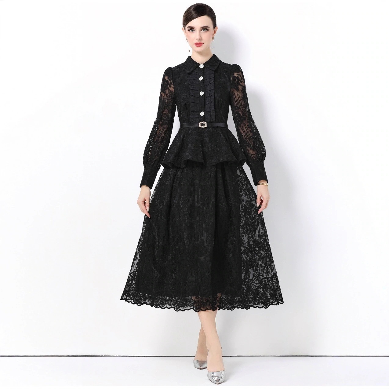 刺繍シフォンワンピースツーセット（ノッチドカラー） 入学式 卒業式 結婚式 演奏会 パーーティー お呼ばれドレス