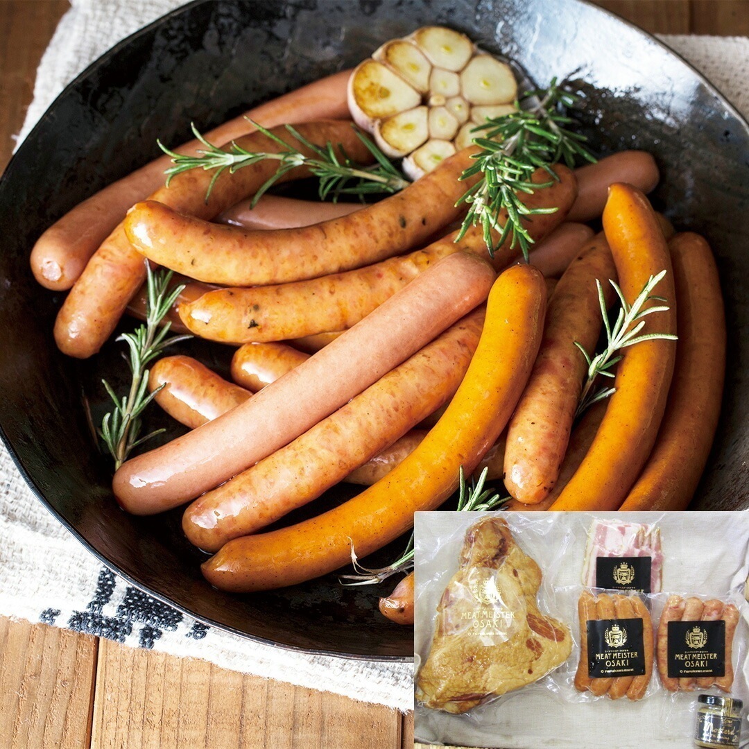 宮城 Meat Meister OSAKI 骨付ハム＆ウィンナーセット 骨付きハム1.2kg1 ウインナー2種120g1 ベーコンスライス70g1 瓶マスタード45g 【産直メーカー直送品】