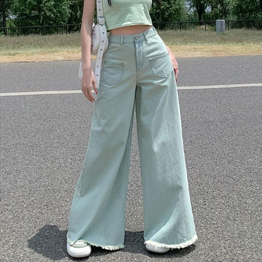 ガウチョパンツ デニムパンツ パンツ ボトムス ガウチョ ロング アンクル丈 マキシ Aライン ポケット ハイウエスト フリンジ 薄手生地 かわいい 大人可愛い 大人女子 綺麗 シンプル