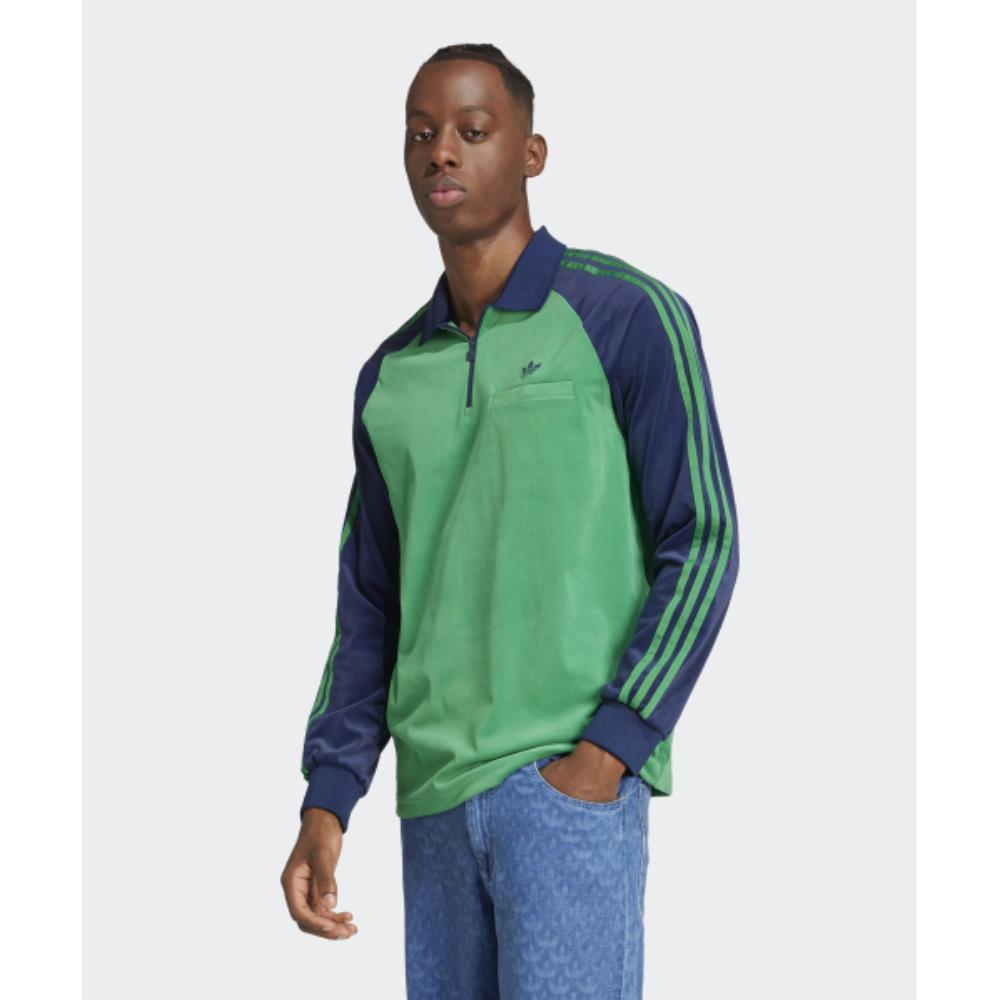adidas 70s Velour Polo Long Sleeve Green JN5981
