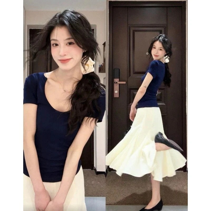 超低価格韓国風 Uネック ショルダーライン 半袖Tシャツ ＋ ハイウエストAラインスカート セット レディース